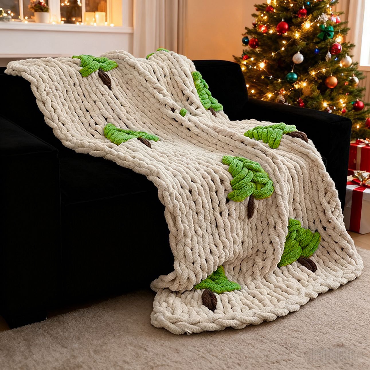 Throw Blanket Chunky Knit - Ręcznie Robiony Koc na Łóżko Choinka