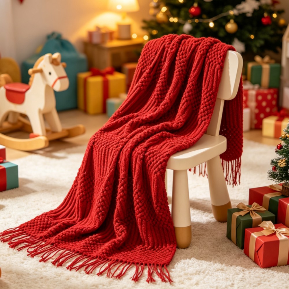 Throw Blanket Chunky Knit - Czerwony, masywny, dziergany na drutach koc