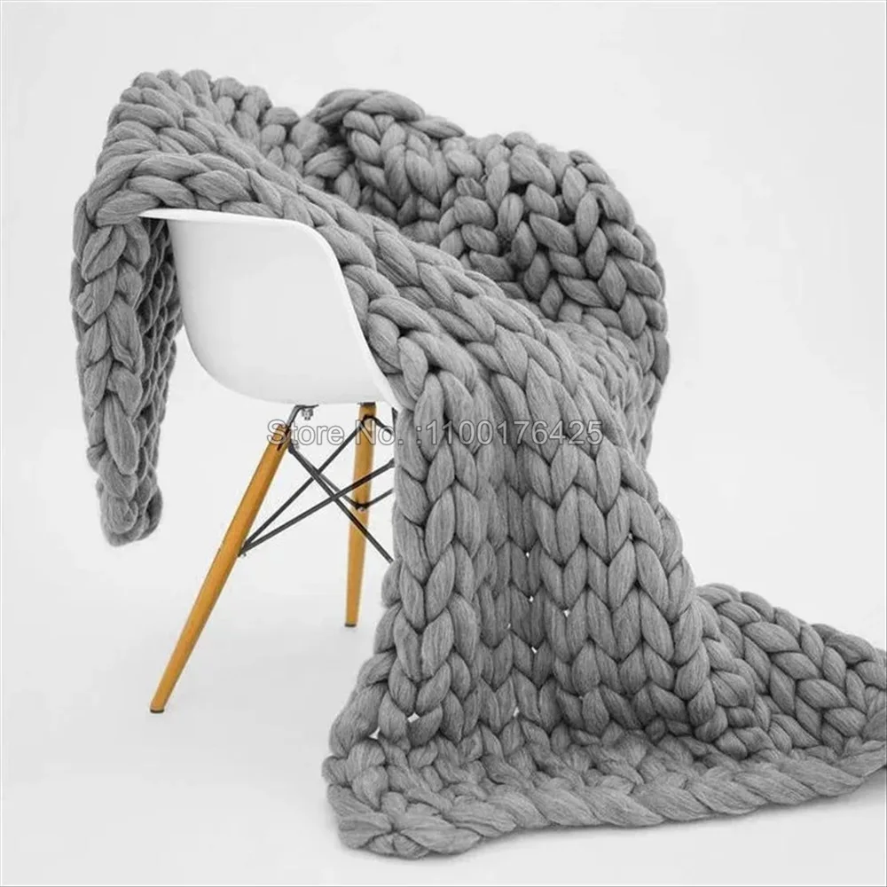 Throw Blanket Chunky Knit - Szary miękki koc z dzianiny, zimowy