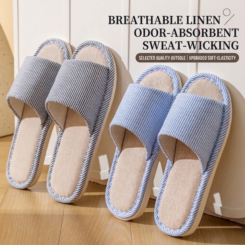 Home And Textiles - Oddychające lniane kapcie damskie i męskie